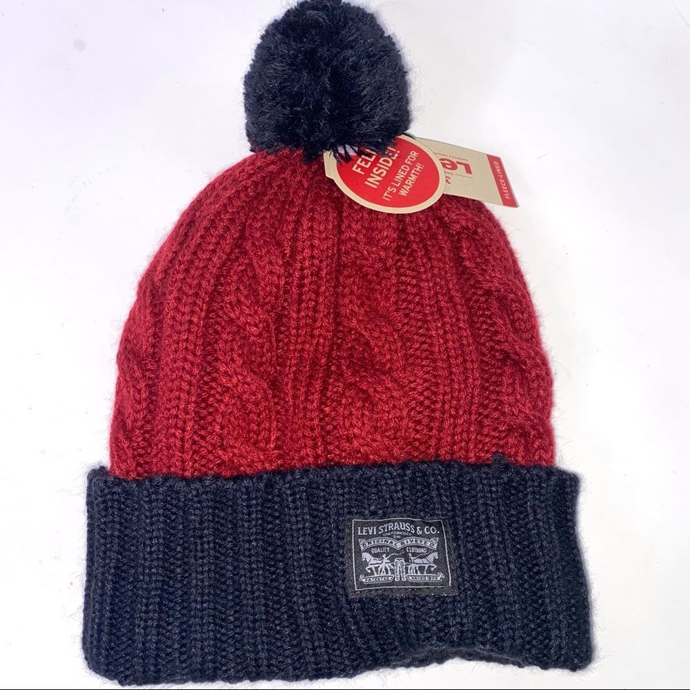 NWT Levi’s Fleece Lined Beanie Hat Red / Navy OS !